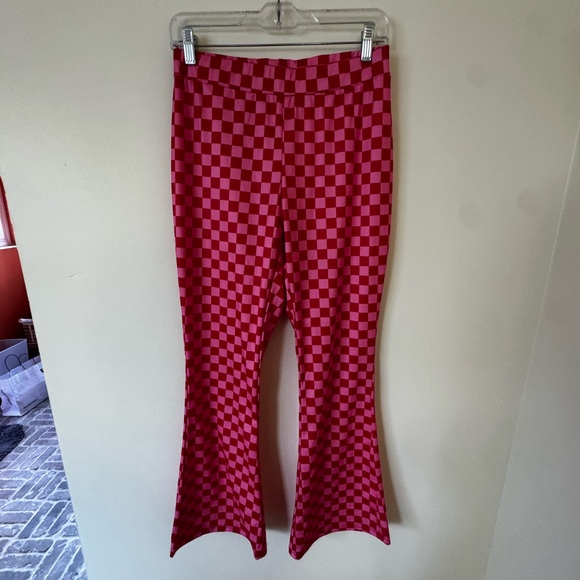 Pink & Red Checkerboard Flare Pants – Y2K Retro Stretch - Picture 2 of 4